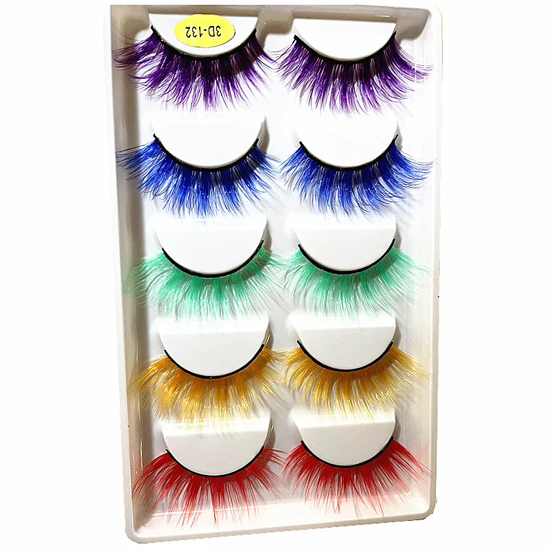 NEW 5 Pairs 3D Colored Faux Mink Eyelash Red Yellow Green Purple Colorful Fluffy High Volume Makeup Beauty Rainbow Lashes