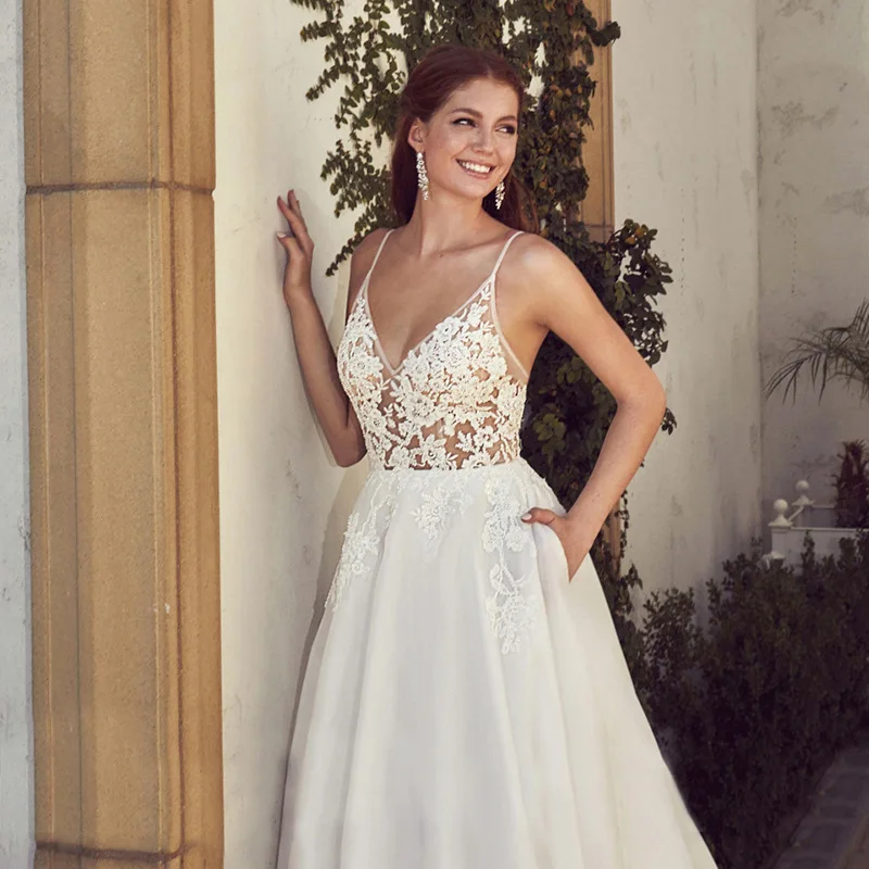 Vestido de casamento leve com decote em v, coleção 2021, decote em v, costas nuas, meia linha, praia, gwon custiomize