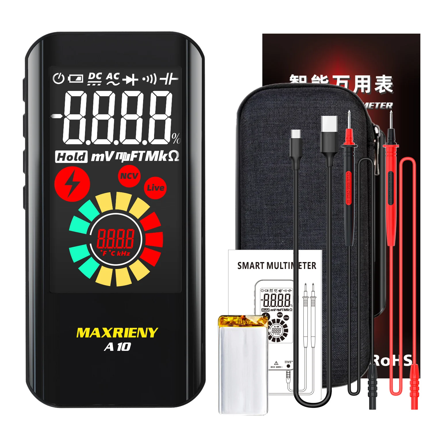 MAXRIENY Smart Digital Multimeter A10 True RMS EBTN Farbdisplay DC AC Spannung Kapazität Ohm Diode NCV Hz Live Wire Tester – Detail 13