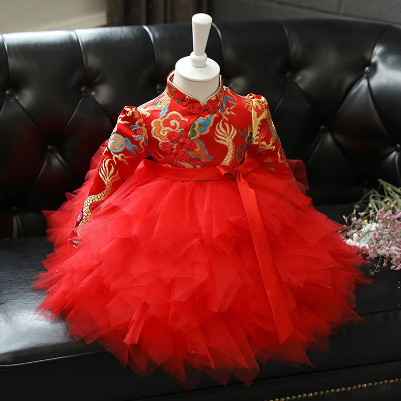 Children One Year Old Birthday Clothing Chinese Lovely Embroidery Girls Chinese Traditiona New Year Outfits Children Party Dress