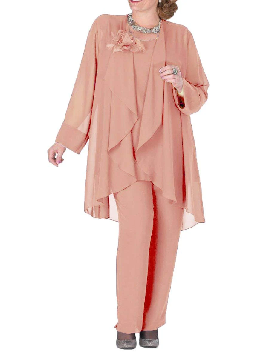 Blush rosa mãe da noiva vestido flor chiffon calças terno 3 peças com jaqueta irregual topos elegante roupa mangas compridas