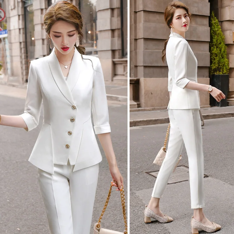 Solid color goddess fan new spring and summer fashion temperament Half sleeve jacket  blazer nine points pants professional suit