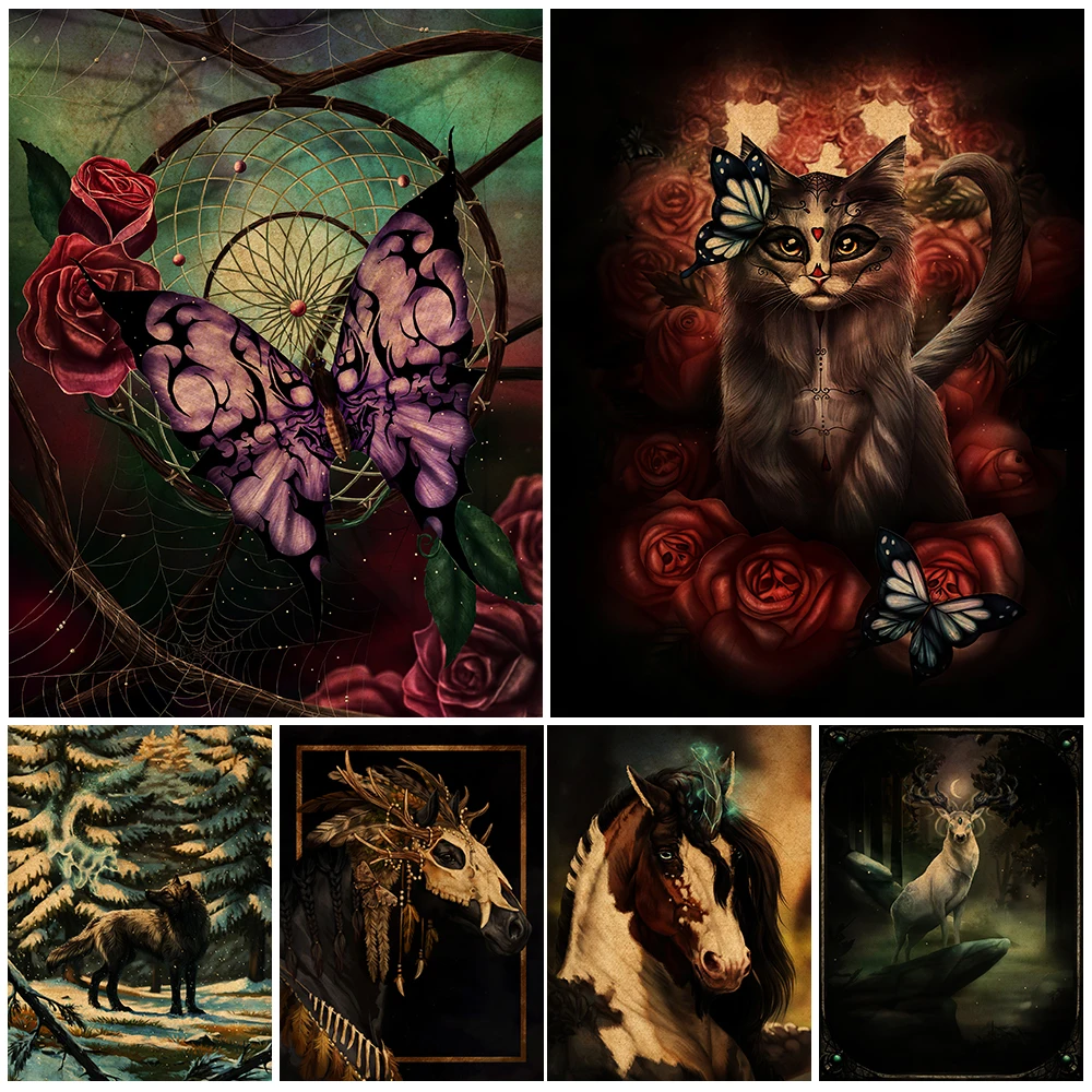 Unicorn Mythical Animals And Dark Wicca Vintage Wall Art Canvas Painting Home Decoration Wolf Spirit Poster And Prints Unframed