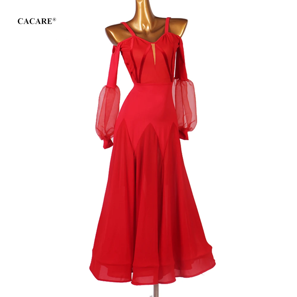 

CACARE Sexy Ballroom Dance Competition Dresses Waltz Dress Standard Dance Dresses Latin Customize D0308 Mesh Sleeve Big Hem