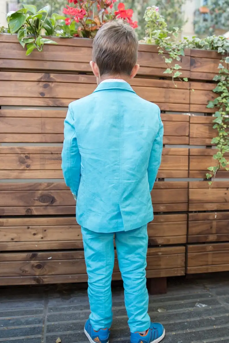 Blauw Linnen 2020 Knappe Jongens Formele Kleding Jas Broek 2 Stuks Set Suits Voor Bruiloft Diner Kinderen Kids Smoking