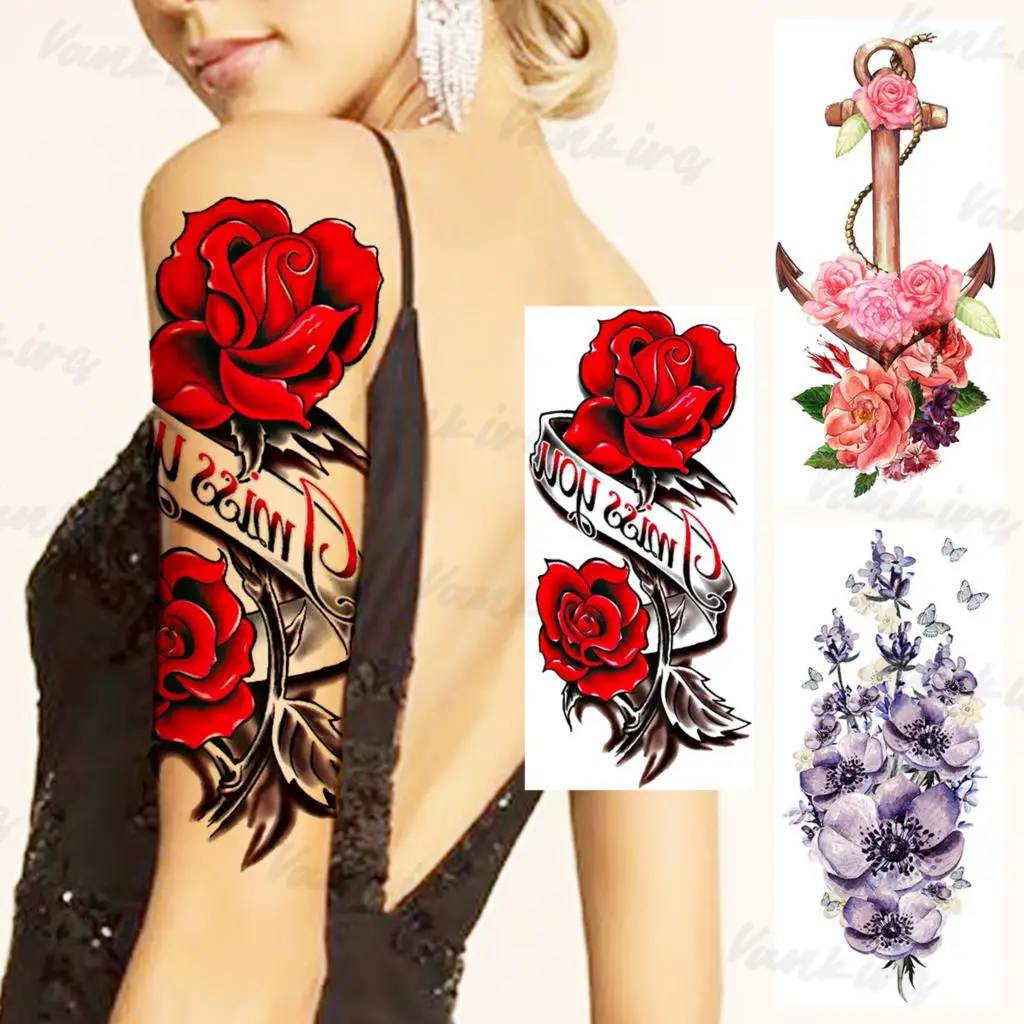 Tatouages temporaires à fleurs de Rose aquarelle pour femmes et filles,  faux tatouage avec ancre papillon à la lavande réaliste, autocollant pour  bras et jambes / Tattoo et body art, image size:1024x1024