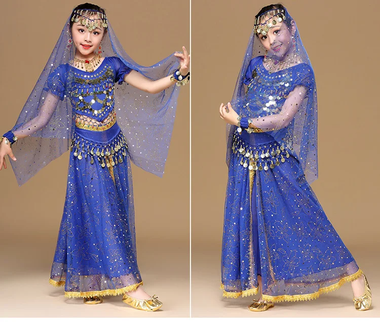 Girls Bollywood Dance Costume Set Kids Belly Dance Indian Sari Children Chiffon Outfit Halloween Top Belt Skirt Veil Headpiece