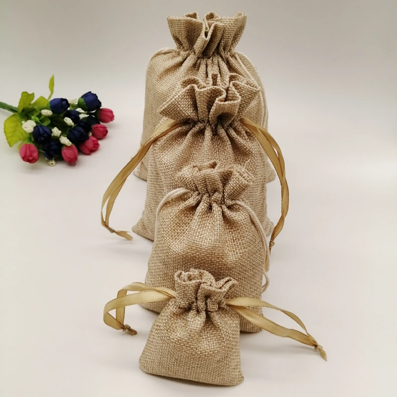 Bolsas de tela de yute para embalaje de regalo, bolsa de algodón con cordón para fiesta de Navidad, joyería de boda, Diy, hecho a mano, 5 unidades