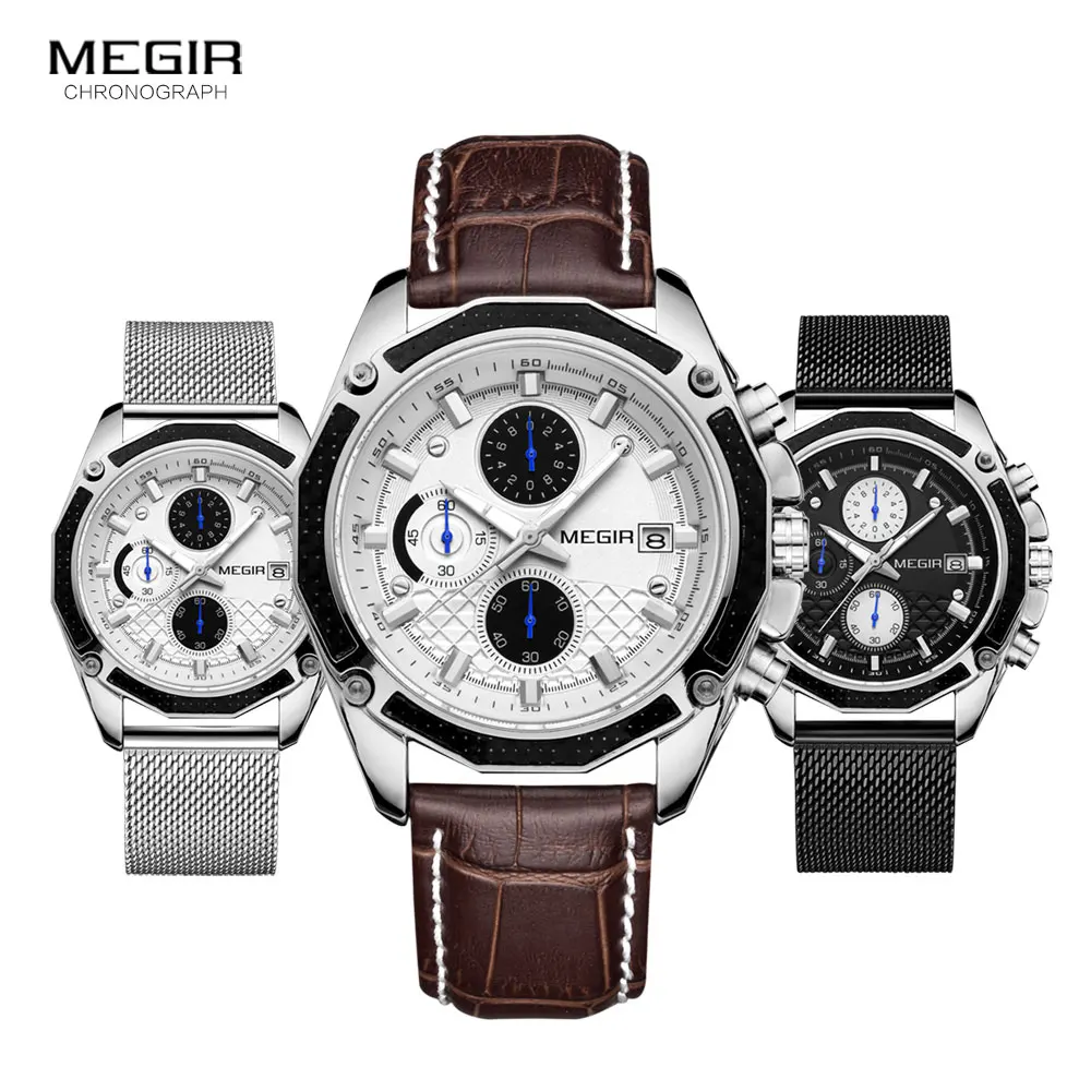 MEGIR Men\'s Watches 2020 Luxury Fashion Chronograph Quartz Watch for Man Mesh Strap Casual Army Sport Waterproof Wrist Watches