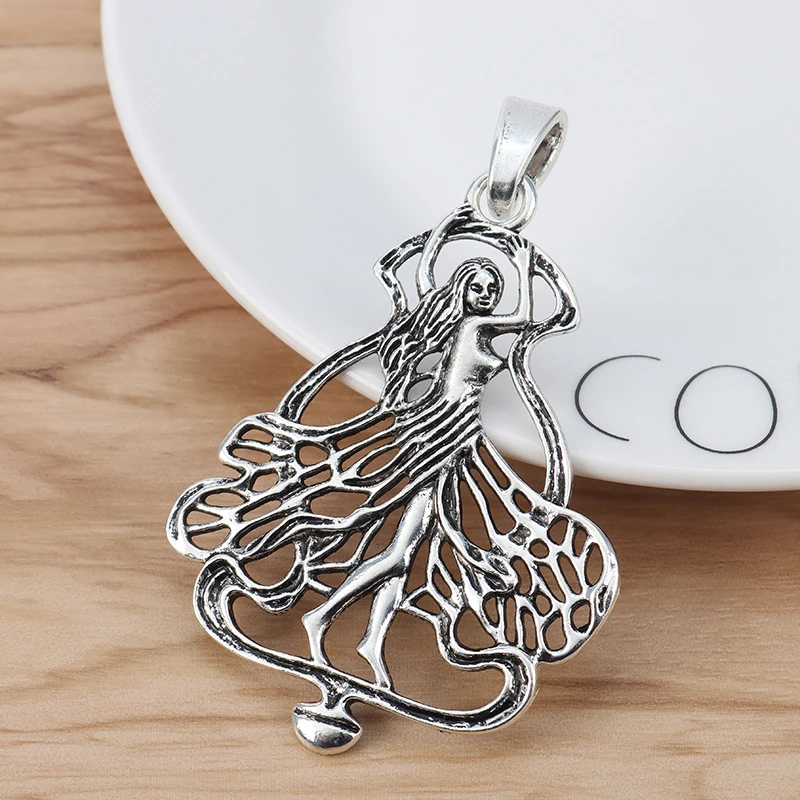 2 Pieces Large Angel Goddess Fairy Tibetan Silver Charms Pendants for DIY Necklace Jewelry Making Findings 72x53mm