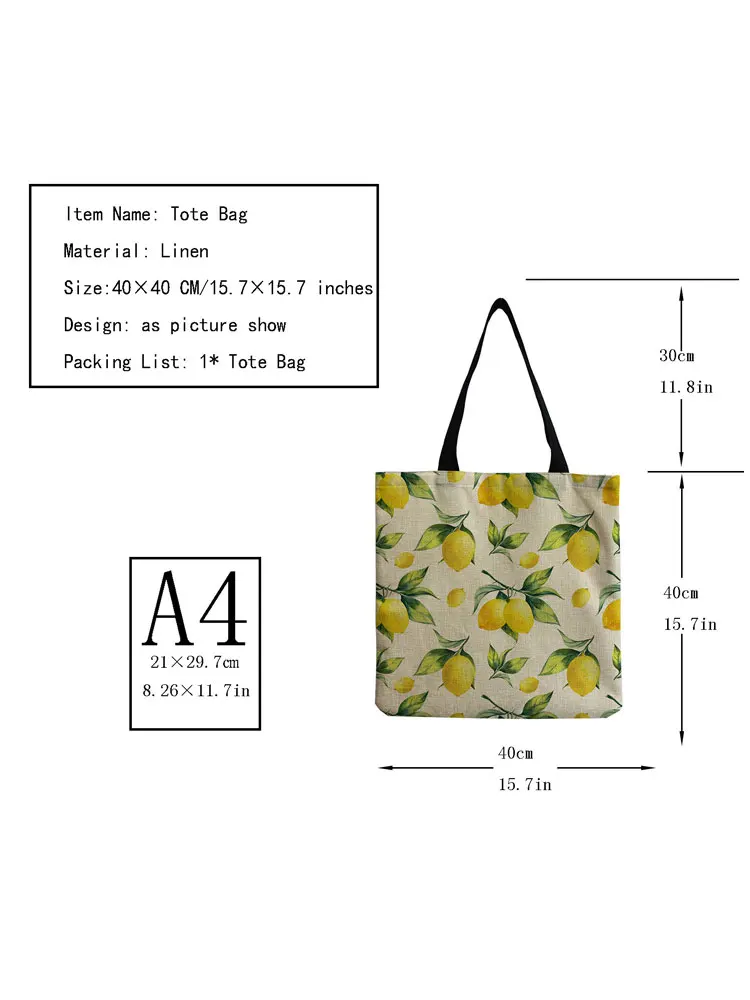 Eco Protection Foldable Large Capacity Tote Bright Colors Refreshing Lemon Printed Shoulder Bags Daily Storage Outdoors Packs