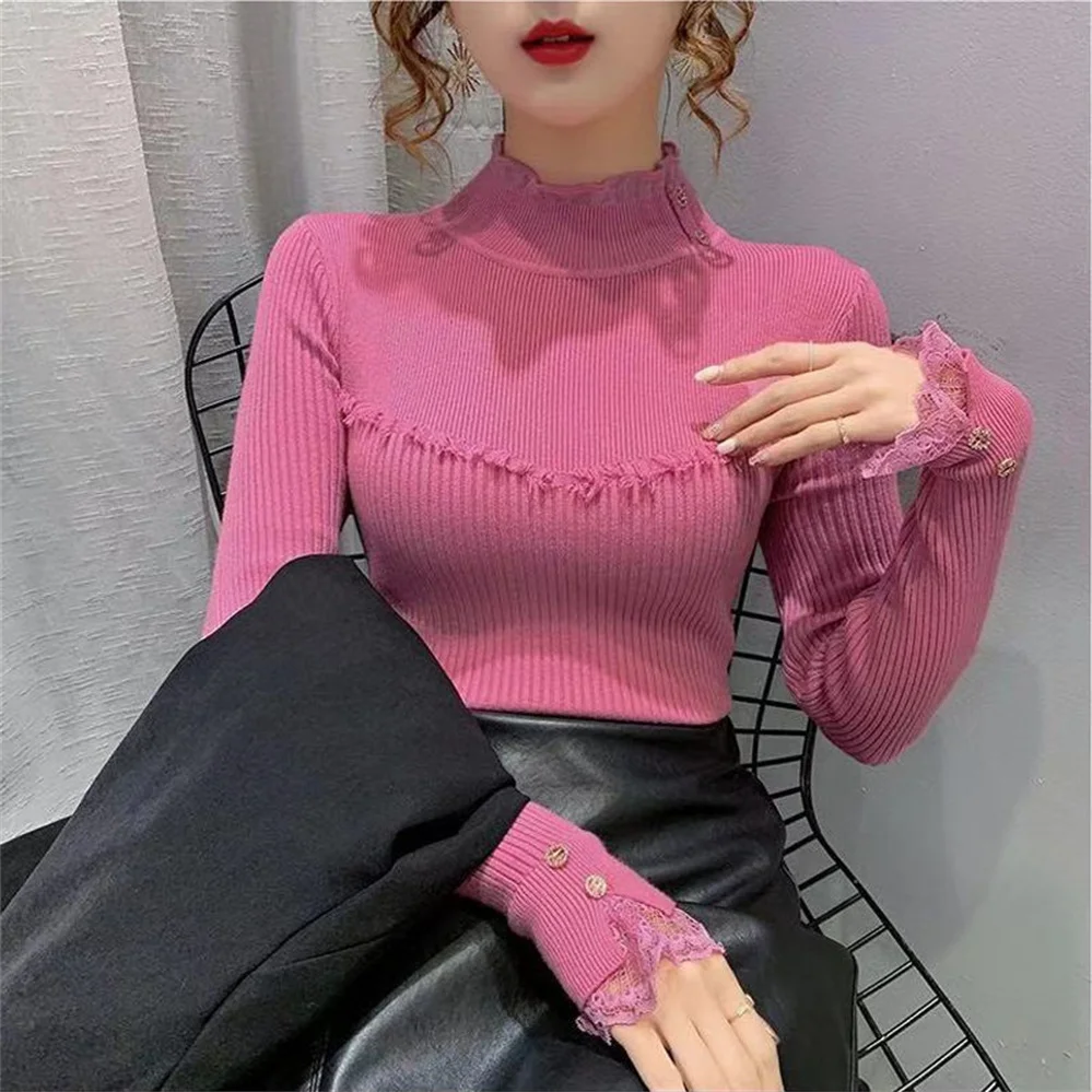 2021 Woman Sweaters Lace Turtleneck Tassel Sweater Women's Underwear Autumn Winter Clothes Popular All-match H638