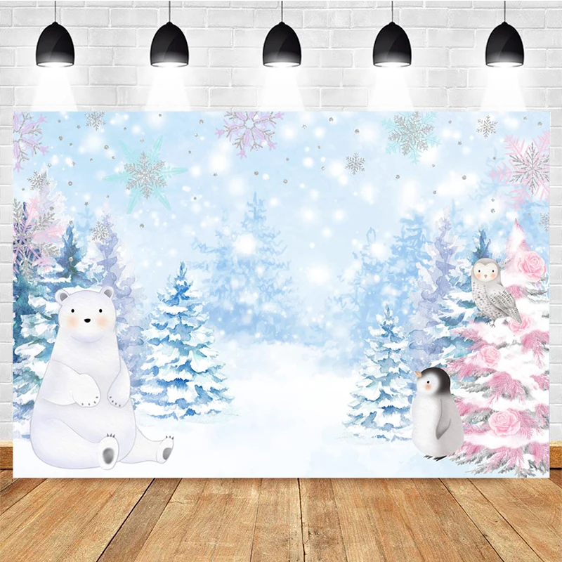 

Winter Theme Background Ice And Snow World Penguin Polar Bear Decoration Style Baby Shower Photo Backdrop Photography Studio