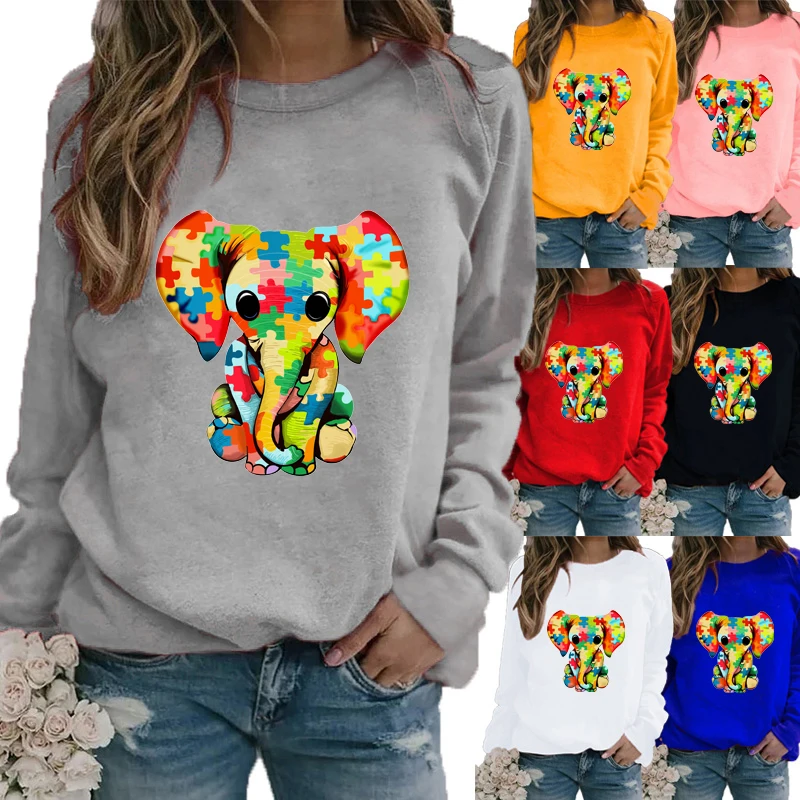 

Women Winter Clothing Round Neck Long Sleeve Pullover Top Fashion Elephant Printing Graphic Loose Shirt Casual T-shirt Plus Size