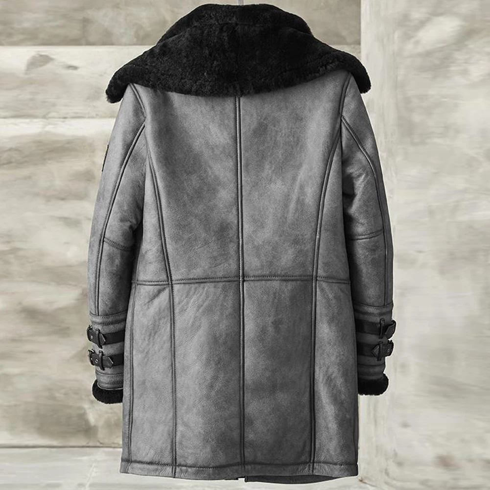 Shearling Jacket Mens B7 Bomber Jacket Long Style Leather Jacket Mens Winter Coats Fur Jacket Metallic Gray