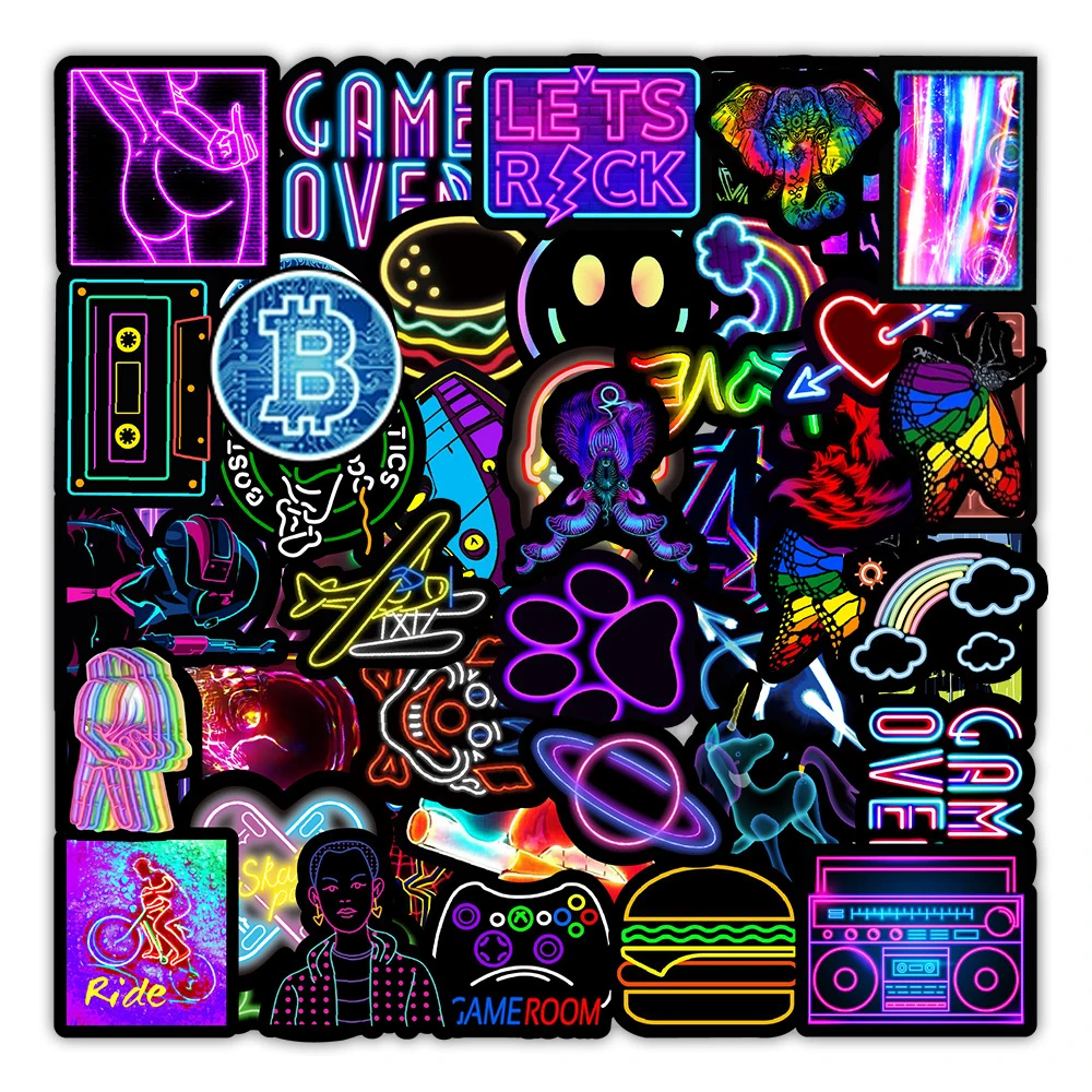 10/30/50/100PCS Cool Neon Light Graffiti Stickers Skateboard Guitar Laptop Motorcycle Waterproof Toy Cartoon Sticker for Kids