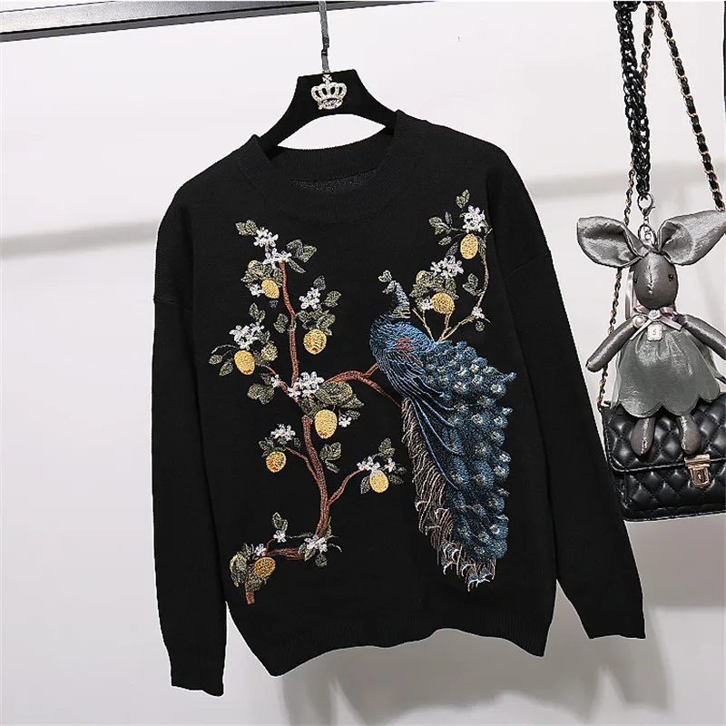 Casual Tracksuit Knitted Set Women Sequins Phoenix Pattern Sweater Long Pants Two Piece Set Female Loose Black Knitting Outfits