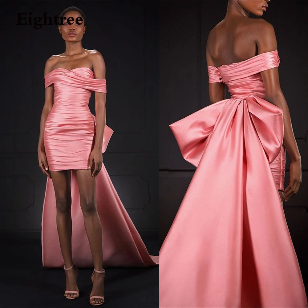 

Eightree Sweet Pink Bow Short Formal Evening Dresses Sweetheart Sleeveless Off Shoulder Mini Formal Night Party Gowns Prom Dress