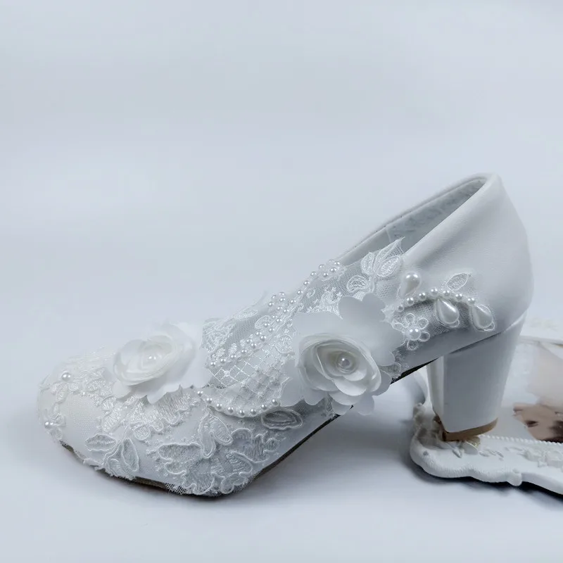 2024 New Customize wedding shoes Bridesmaid Dress shoes Thick Heeled Med Heel Shoes white Lace shoes flower female shoes