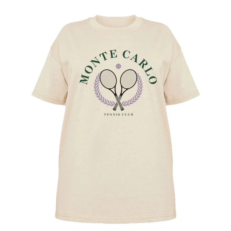 Monte Carlo Tennis Print Women's T-Shirt Summer Cotton Oversized T Shirt Aesthetic Vintage Shirt Streetwear Top Retro Clothes