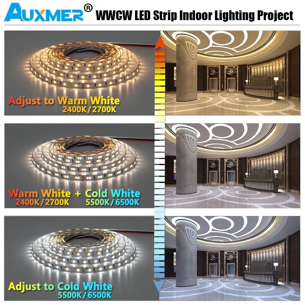 Low Power 2835 WWCW 120LEDs/m LED Strip Lights Color Temperature Adjustable CCT DC12/24V 9.6W/m 600LEDs/Reel 5m Led Tape,Indoor