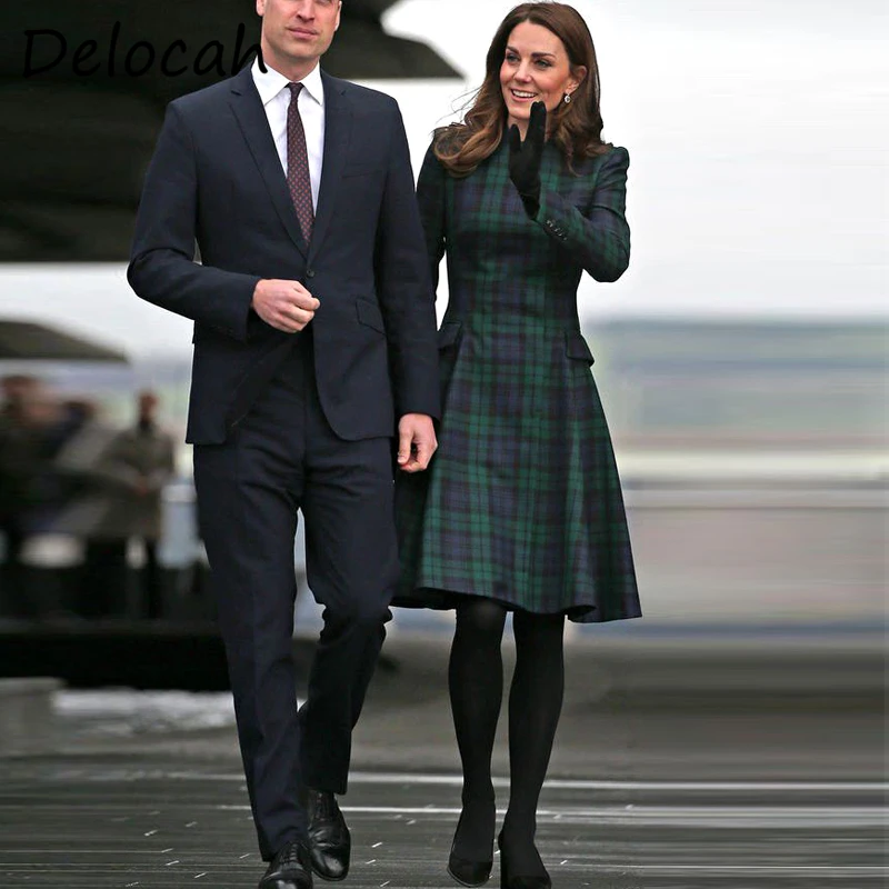 Delocah ใหม่ฤดูใบไม้ร่วงแฟชั่นสำหรับผู้หญิง Designer Party Midi Dress Princess Kate แขนยาวลายสก๊อตพิมพ์สุภาพสตรี Elegant A-Line Dresses