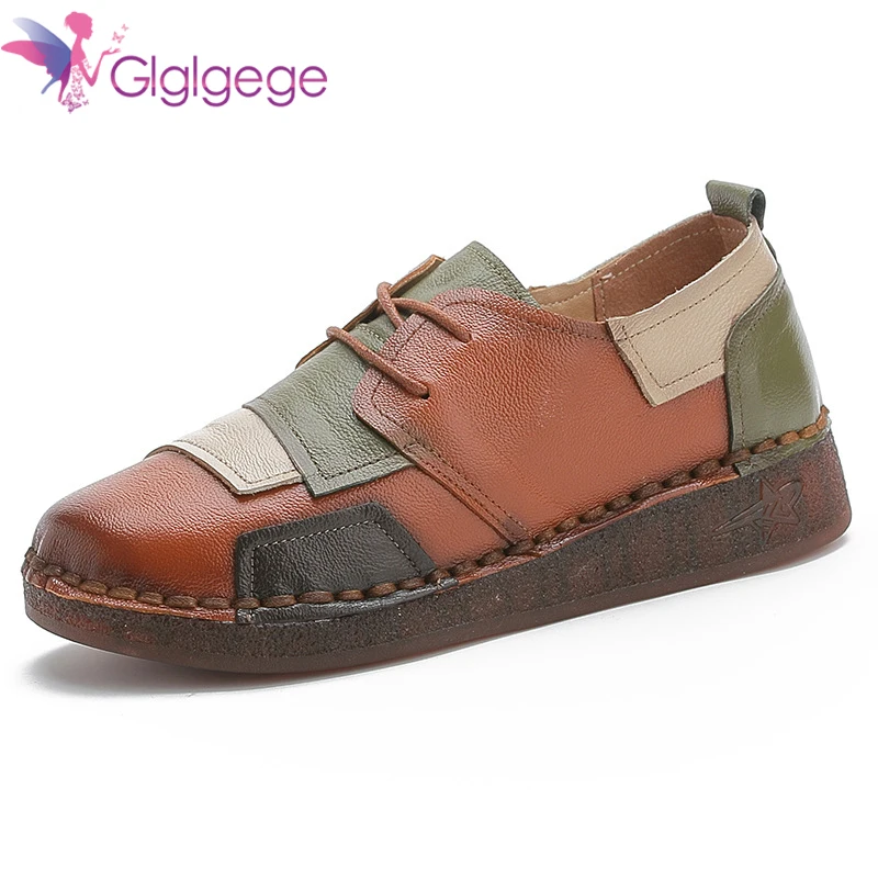 Glglgege 2022 New Women Old Mother Ladies Female Cow Genuine Leather Shoes Flats Loafers Slip On Casual National Style 35-41