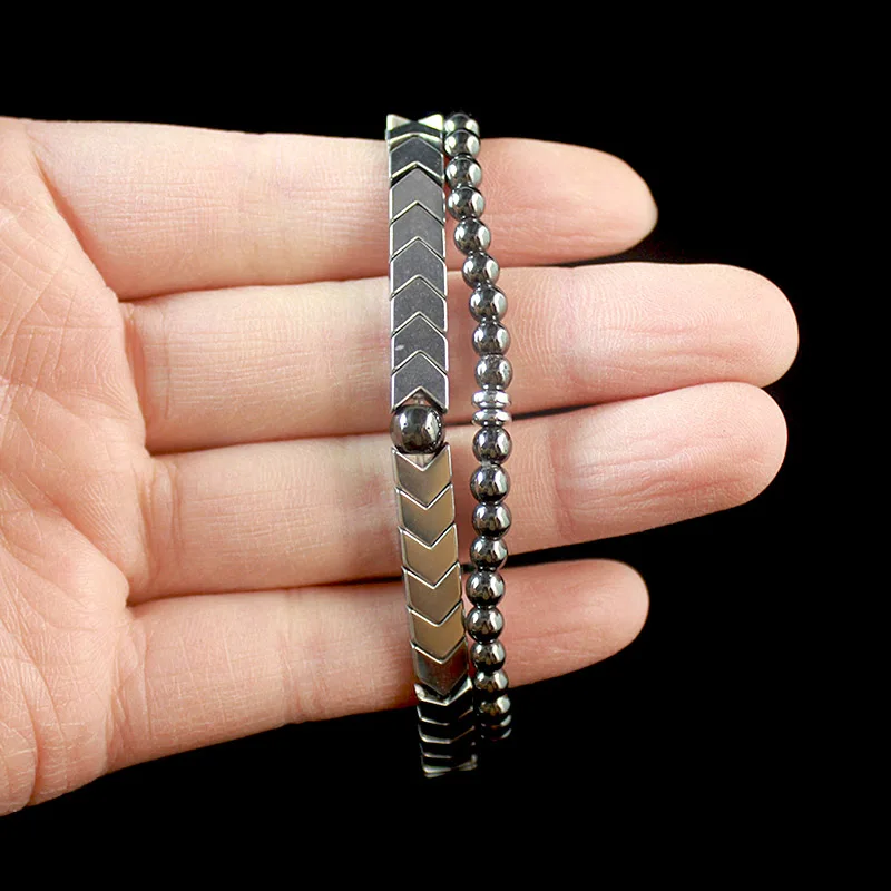 2pcs Natural Stone Hematite Arrow Head Bracelet for Men Round Beads Strand Bracelet Combo Jewelry Gift HB1055