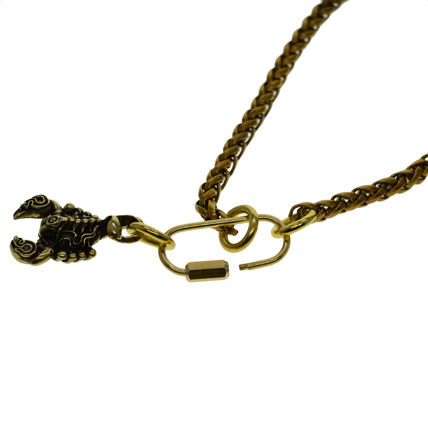 Steam punk retro brass classic fine wheat chain necklace with screw lock clasp and Scorpion pendant ready to wear gift