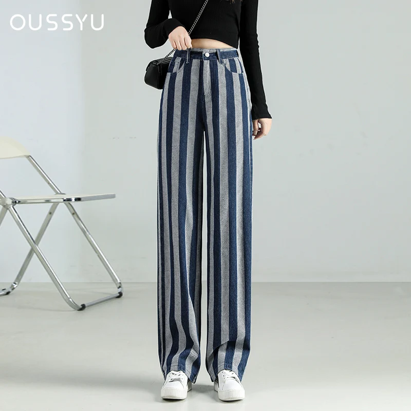 Jeans Women Stripe printing Dyeing Vintage High Waist Pure Cotton Wide Leg Simple All-match Loose Harajuku Casual Denim Trousers