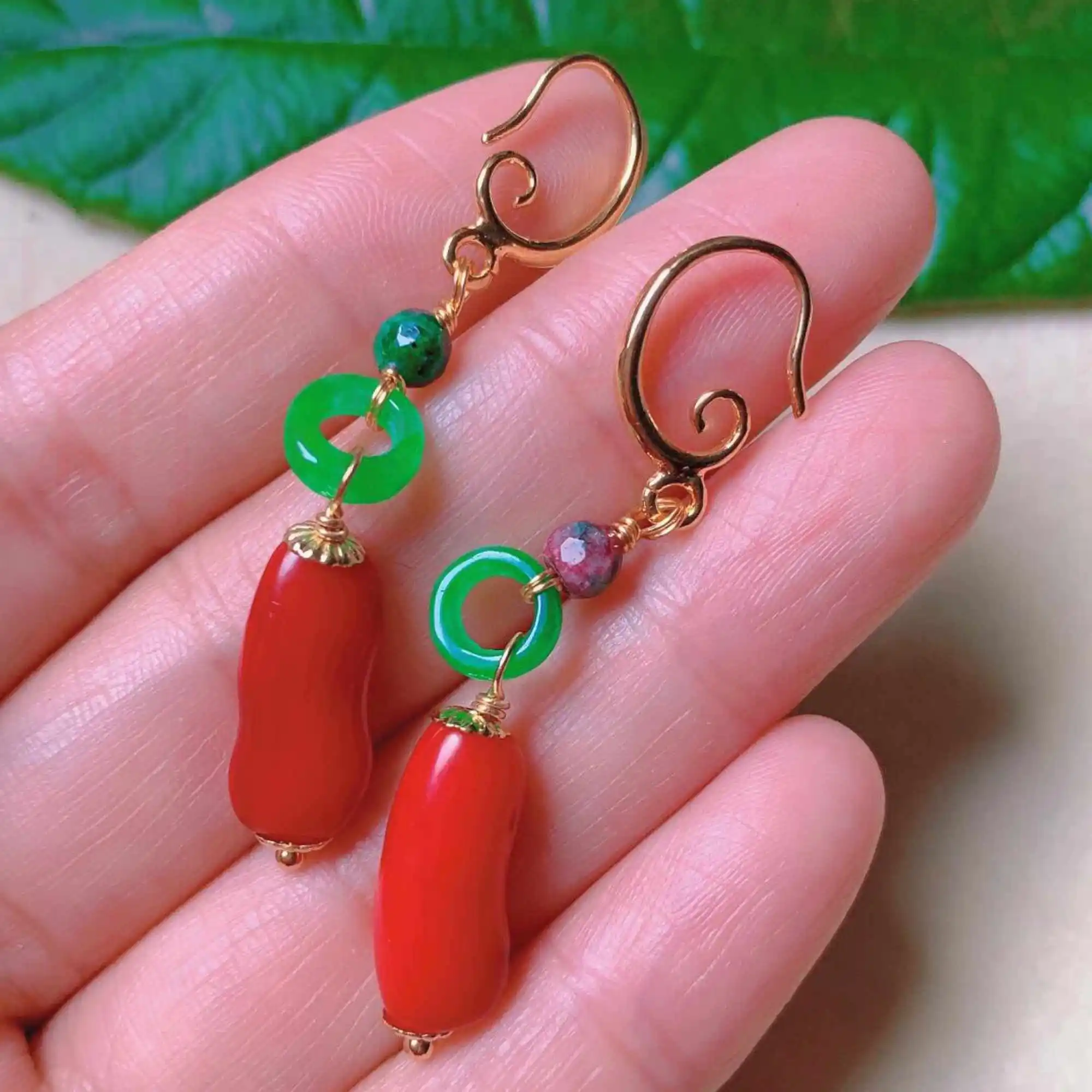 

Fashion Natural Red coral Green jade ring malachite gold earrings Holiday gifts Freshwater Cultured Diy