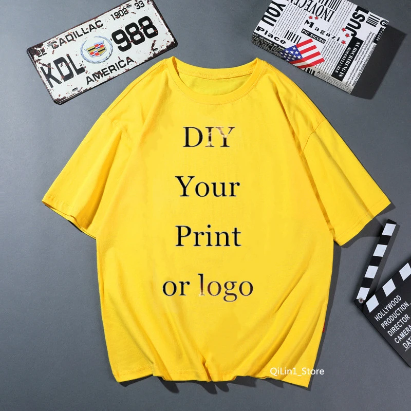 Customized Print solid t shirt men women Your OWN Design Logo/Picture pink yellow Blue orange grey green Custom t-shirt male top