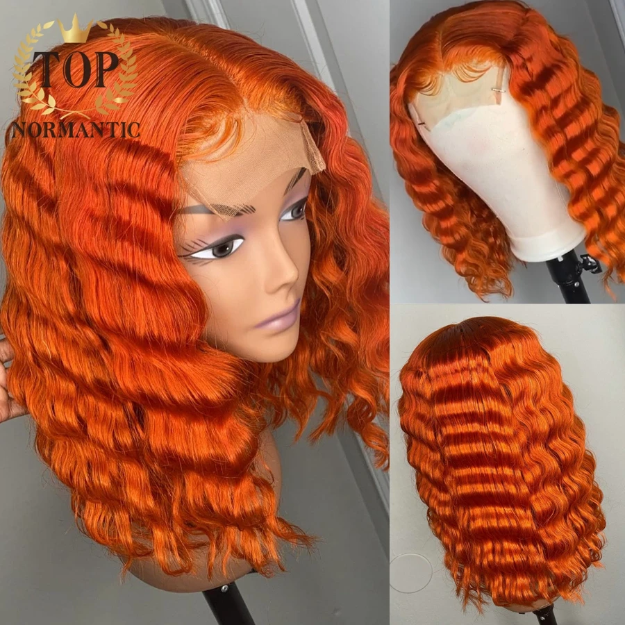 Topnormantic Orange Color 4x4 Lace Closure Deep Wave Wigs With Natural Hairline Indian Remy Human Hair Wig For Women