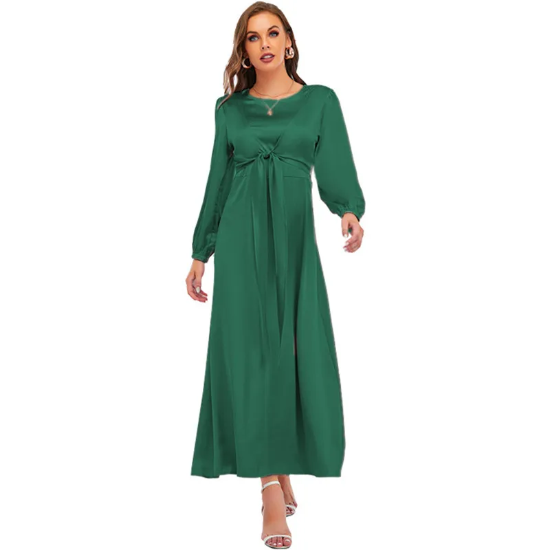 

Eid Ramadan Middle East Arab Abaya Satin Long Sleeve O-neck Women Maxi Dress Kaftan Solid Color Islamic Clothing Muslim Fashion