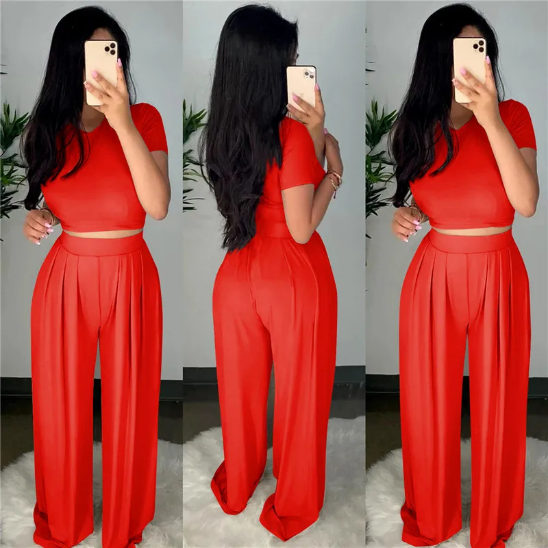 Wholesale Dropshpping High Quality New Women Two-piece Sets Solid Color Tight Casual Sets Tight Top + Wide Leg Pants Elasticity