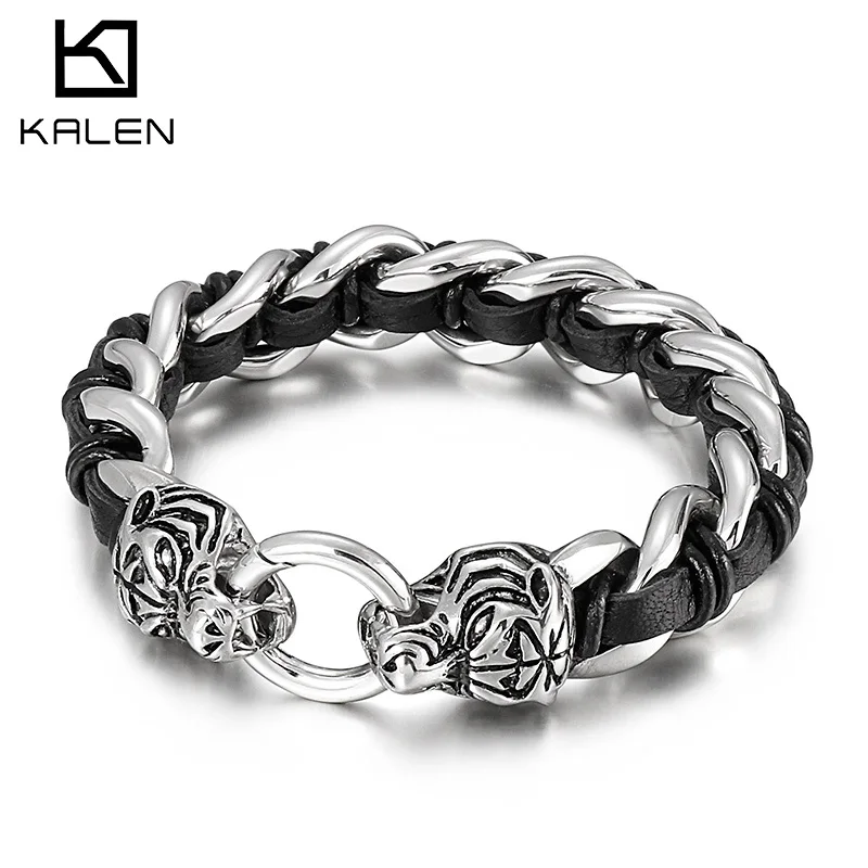 Kalen Tiger Head Accessory Bracelet for Men Vintage Dragon Stainless Steel Leather Bracelet Skull Charms Fashion Jewelry