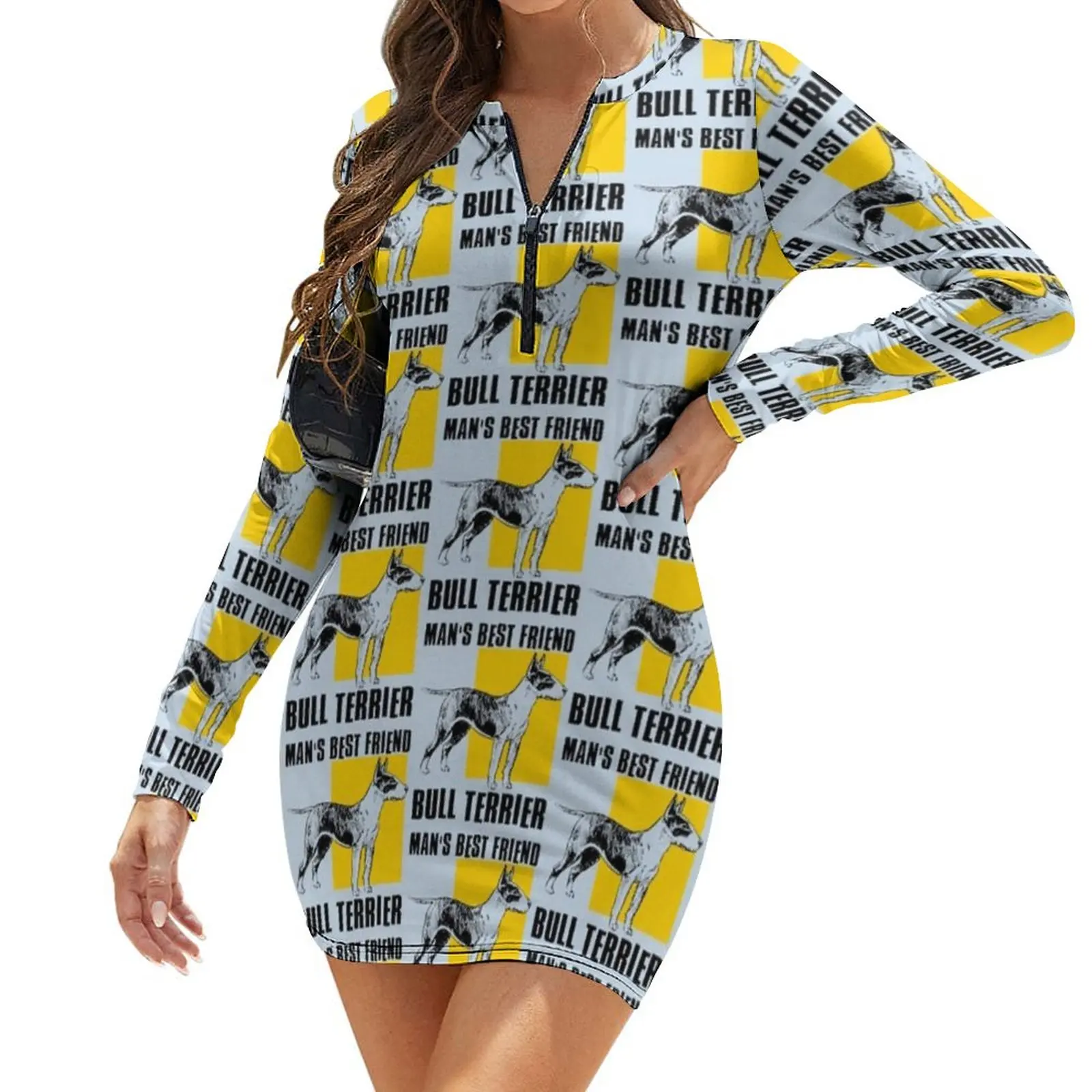 Staffordshire Bull Terrier Dress Long Sleeve Polyester Women Bodycon Spring Wholesale Stretch Printed One-Piece Dress