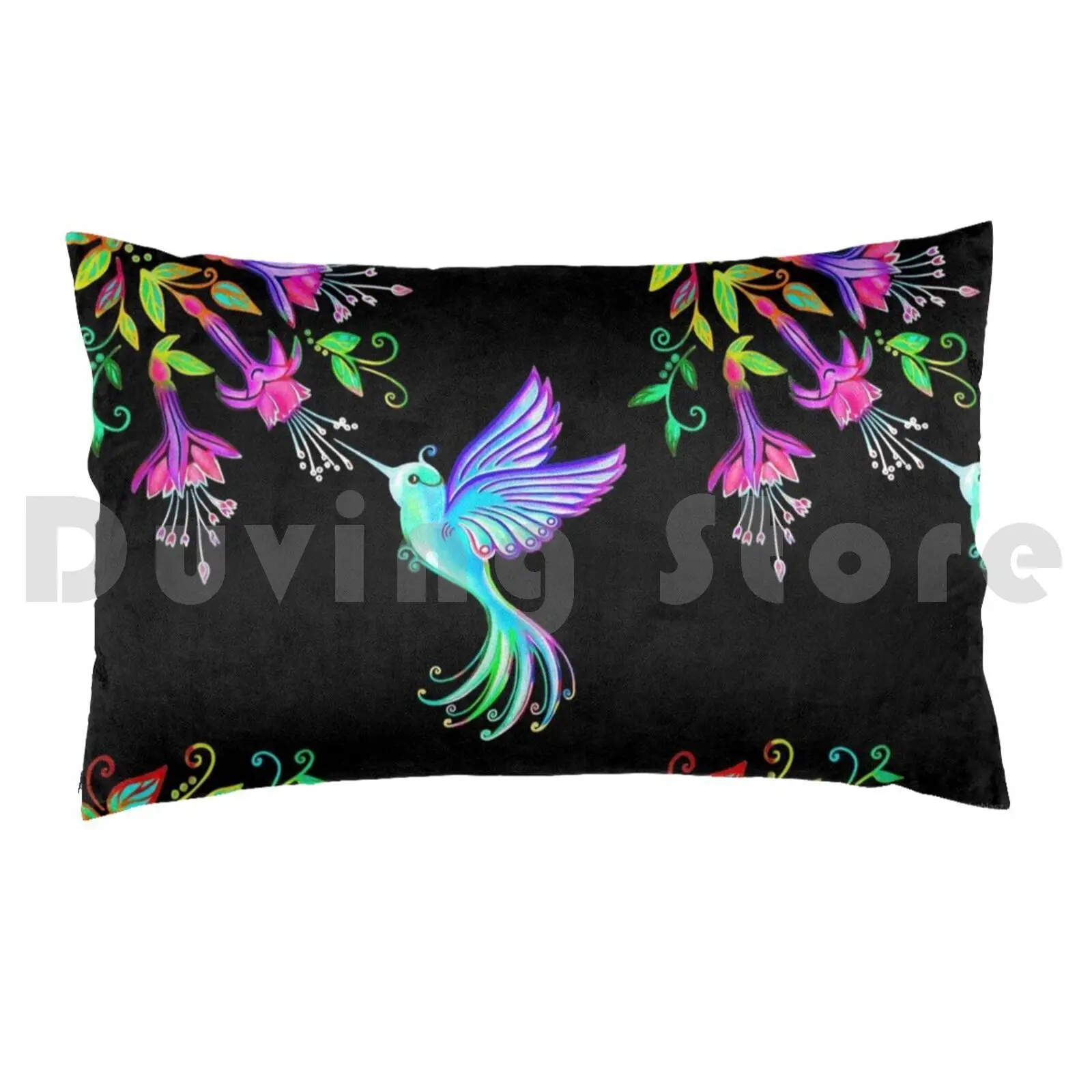 Hummingbird With Flowers , Rainforest Blossoms , Fuchsia Pillow Case Printed 35x50 Hummingbird Bird Animal Flower