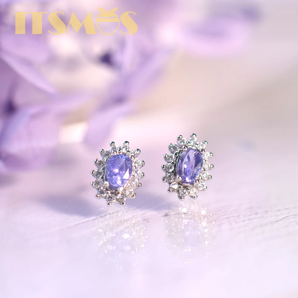 ITSMOS Tanzanite Gemstone Stud Zircon Earrings for Women Sterling Silver Classic Simple Jewelry Fashion Gift for Women