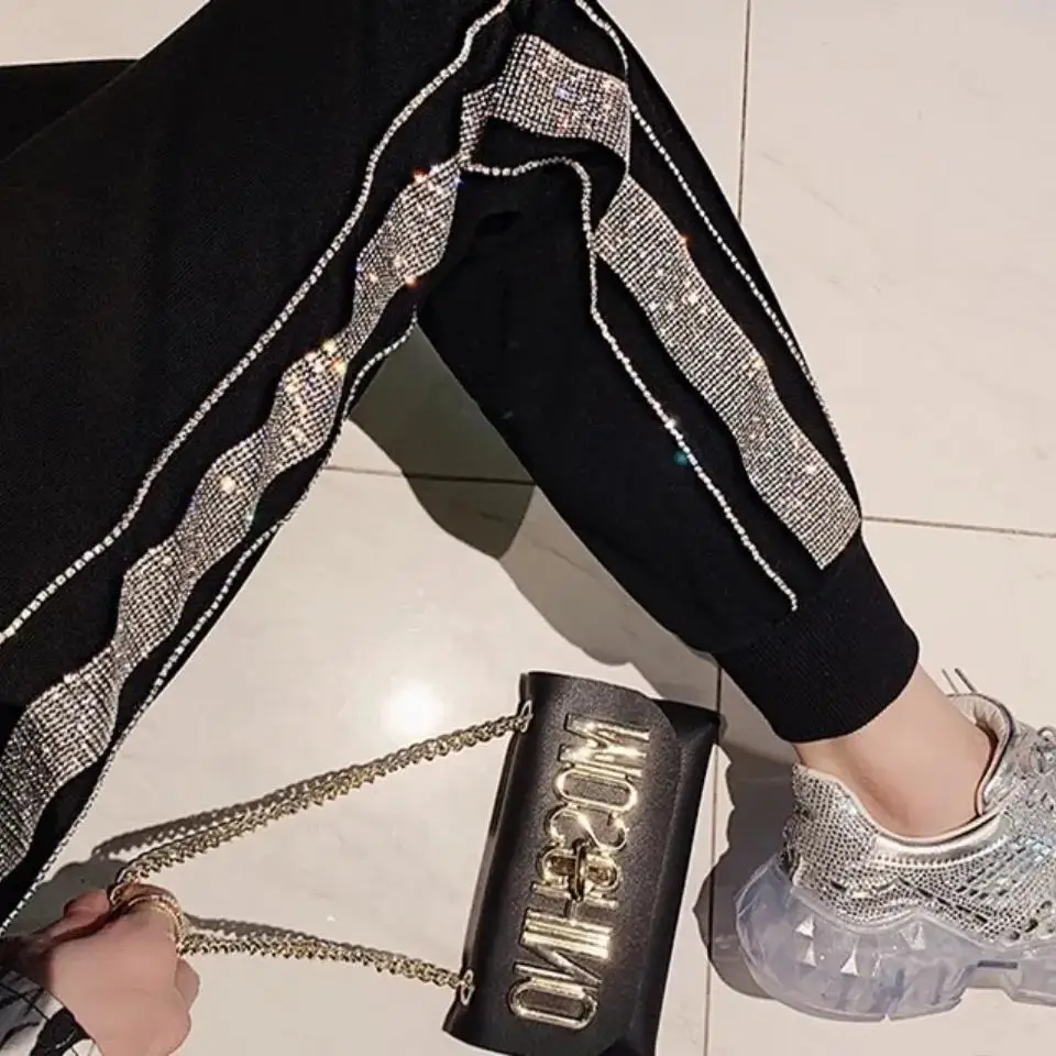 Diamonds Glitter Pants Women's Cropped Trousers Black White Shiny Stripe Streetwear Sweatpants Joggers High Waist Harem Pants