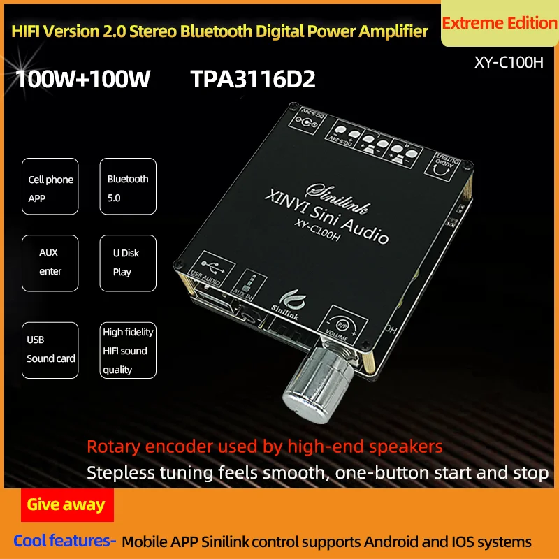 

C100H HIFI 100WX2 TPA3116D2 Bluetooth 5.0 High Power Digital Amplifier Stereo Board AUX USB AMP Amplificador Home Theater