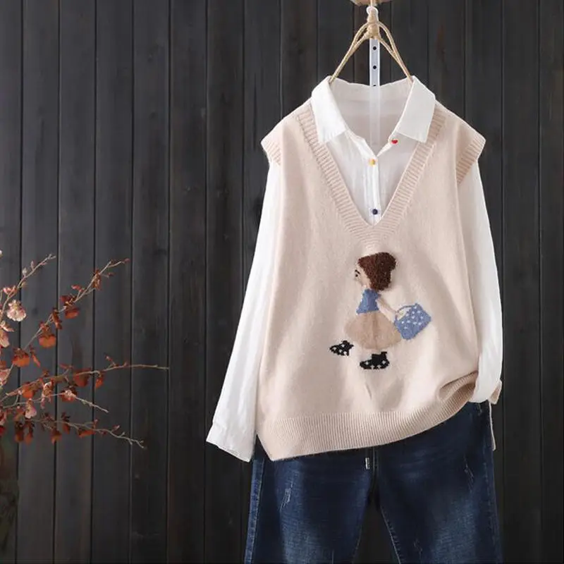 Loose V-neck Knitted Sweater Vest Female Cartoon Embroidery Pattern Sleeveless Simple Commuter Fashion Sweater Vest Women Spring