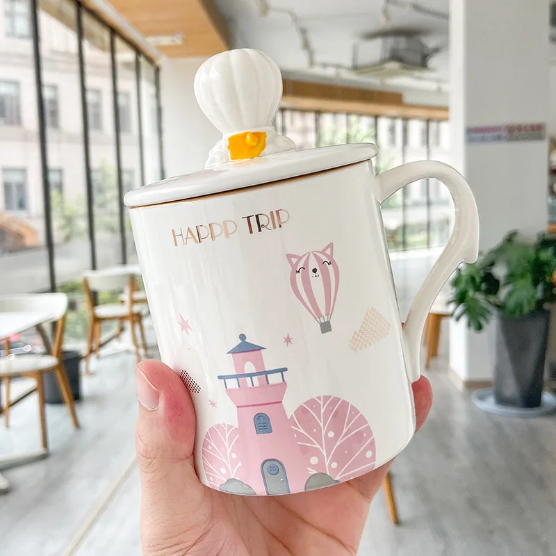 Cute Hot Air Balloon/Bear Mug With Lids Spoon Large Capacity Ceramic Cartoon Mug Wedding Christmas Gift Cup Drinkware Coffee Cup