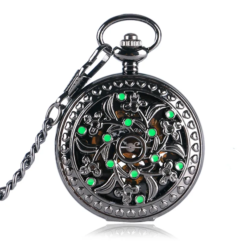 

Steampunk Hollow Out Flower Case Men Women Skeleton Clock Handwind Mechanical Pocket Watch Arabic Number Dial Pendant Chain Gift