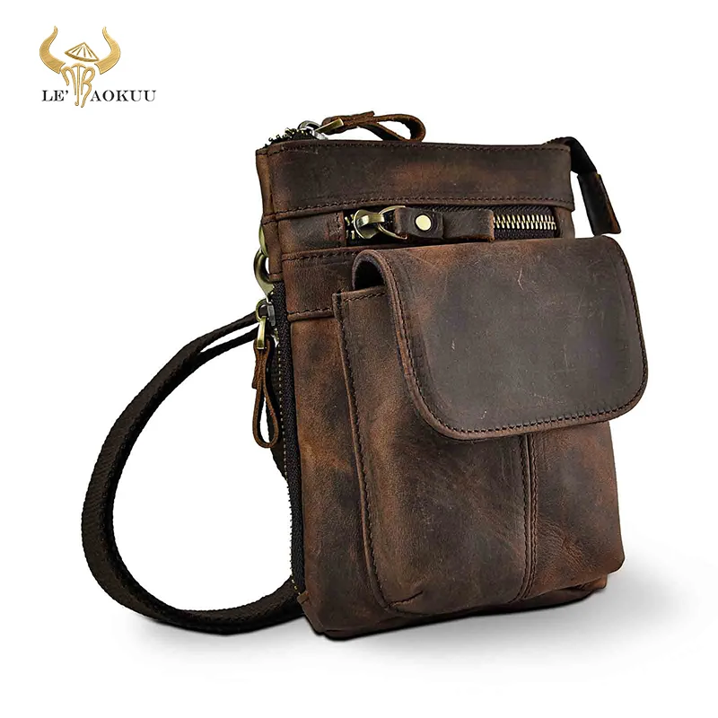 Real Leather Men Multifunction Design Small Crossbody Messenger One Shoulder Bag Fashion Waist Belt Bag Cigarette Case 611-18