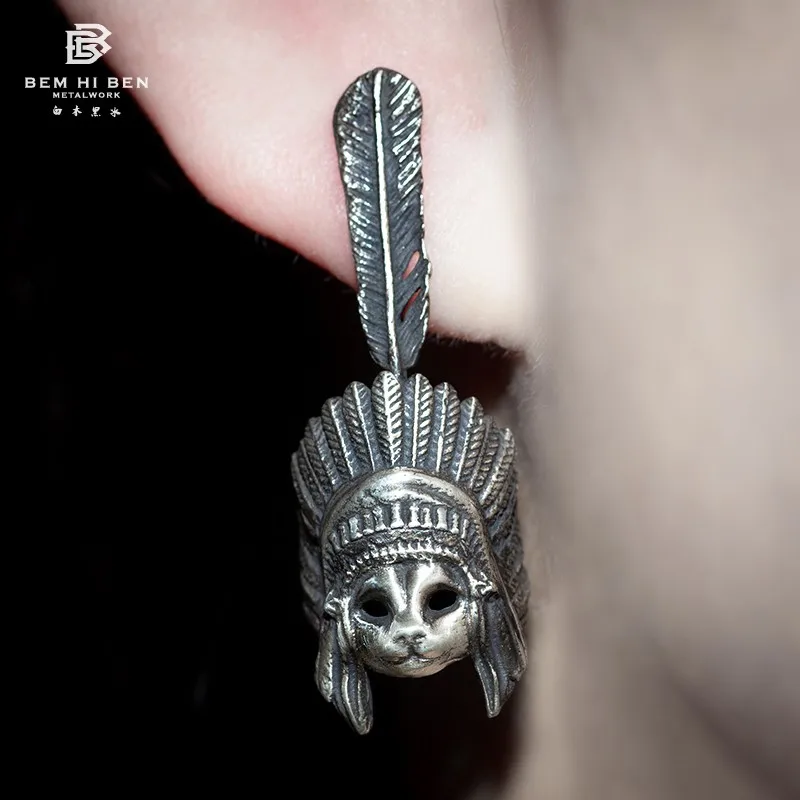 

BEM HI BEN Men's Women's Earrings Skull Indian Chief cat 925 sterling silver Original Hand made simple customized engraving