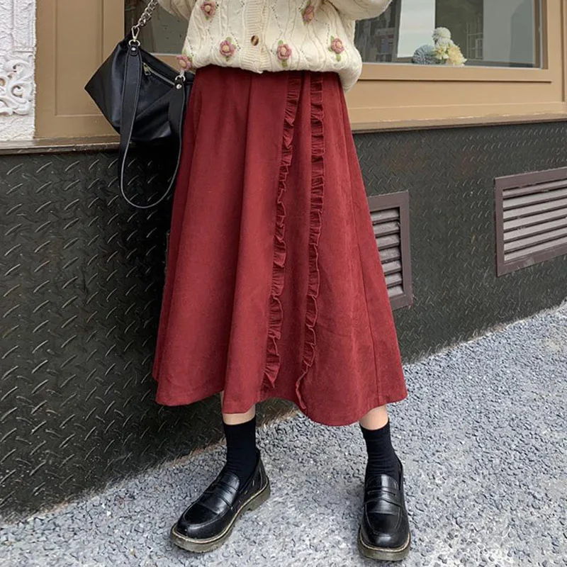 Autumn Winter Corduroy Skirts Women Vintage Wine Red Ruffles Midi Long Skirts Female Elastic High Waist A-line Skirt