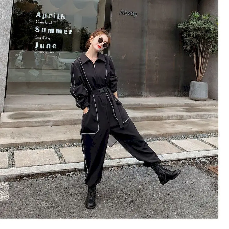 Women Jumpsuits Spring/Summer 2024 New Korean Loose Waist Slimming Harlan Waist Straps Reflective Handsome Jumpsuit Suit Women