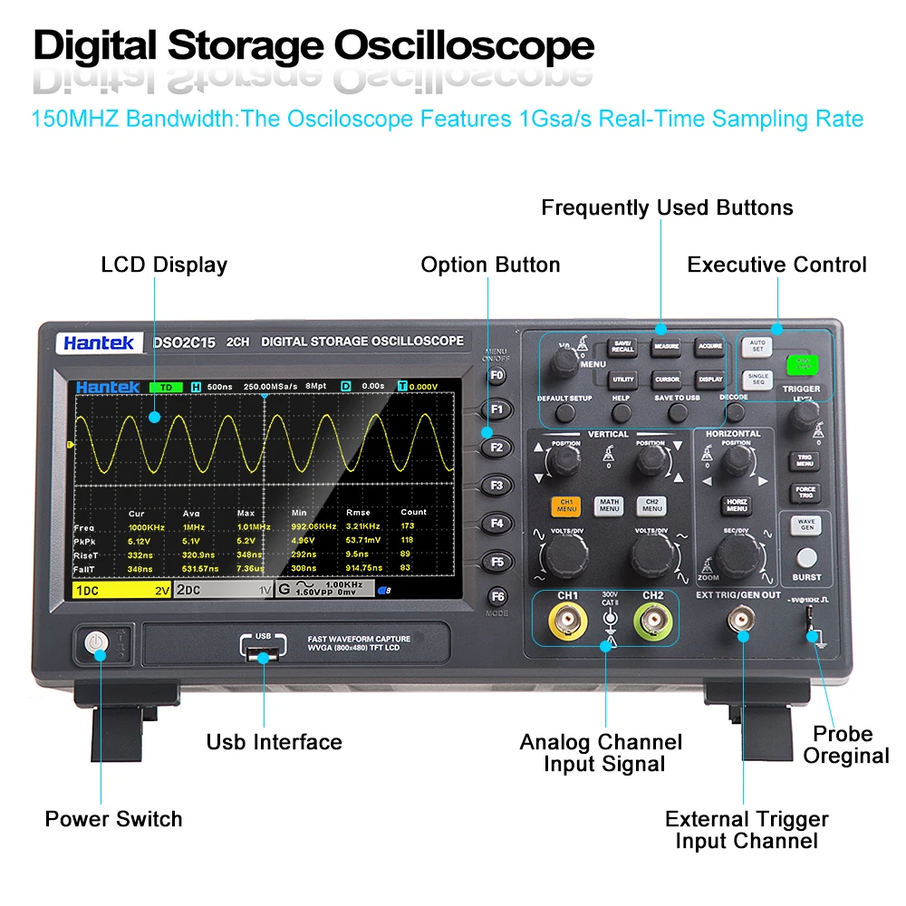 Hantek DSO2C10 DSO2C15 DSO2D10 DSO2D15 Digital Oscilloscope Dual Channel Economical 100MHZ Bandwidth Handheld