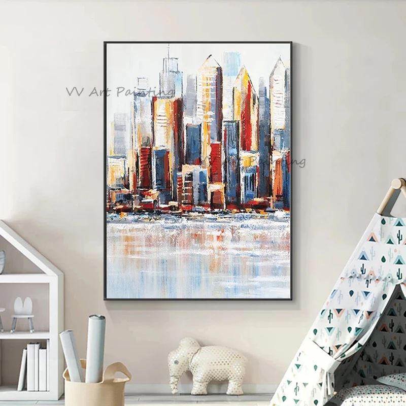 New Arrival Hand Painted Manhattan Cityscape Oil Painting Impasto Skyscraper Water Reflection Original Vertical Canvas Artwork